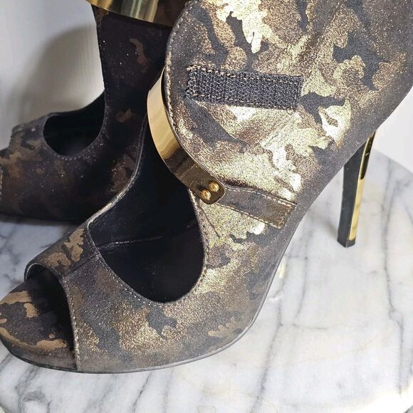 Fergie Remix Peep Toe Dress Pump Bronz Metallic Camouflage Hook Loop US 7.5M - Picture 6 of 10